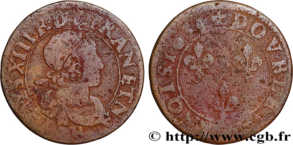 LOUIS XIII LE JUSTE Double tournois, 2e type de Rouen 1639 Rouen B