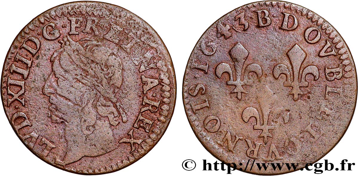 LOUIS XIII  Double tournois, type de Warin 1643 Rouen BC+