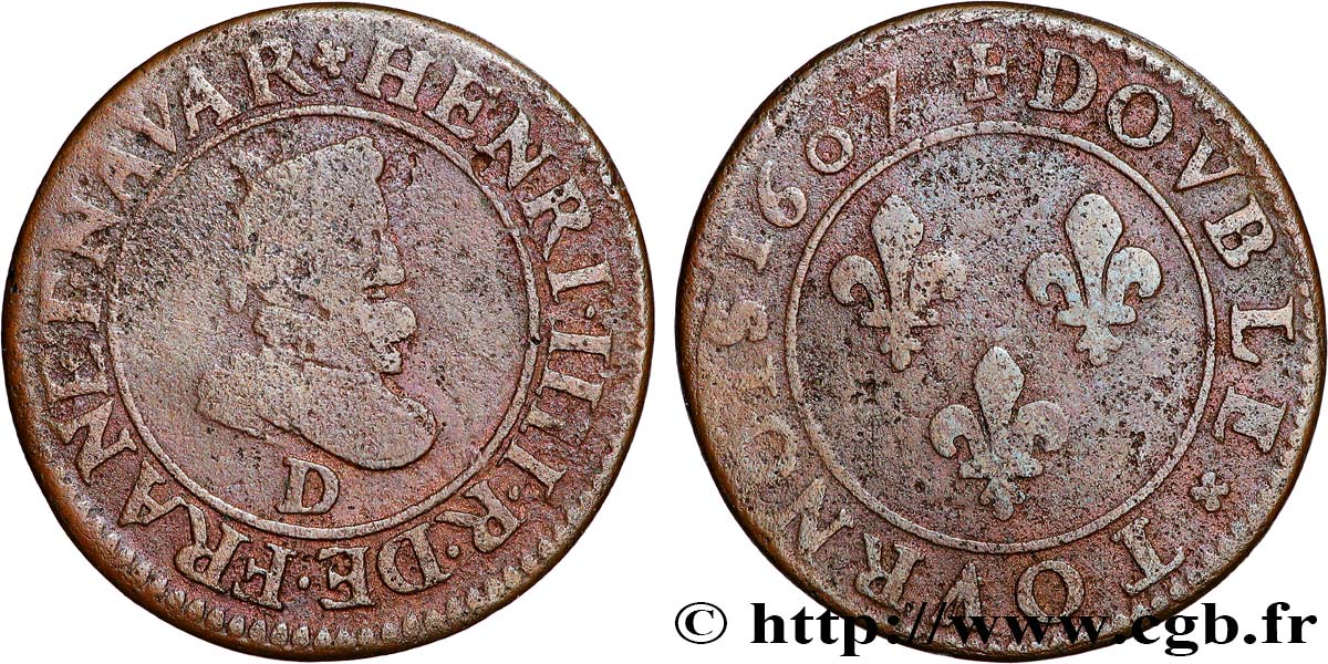 HENRY IV Double tournois, 1er type 1607 Lyon S