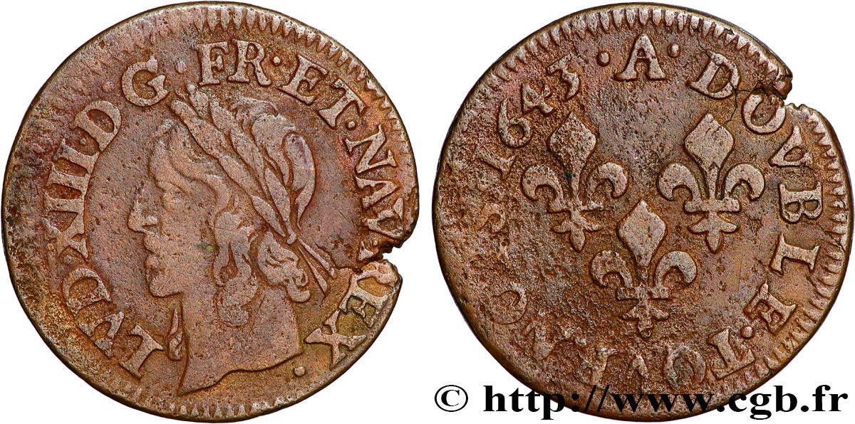 LOUIS XIII  Double tournois, type de Warin 1643 Corbeil MBC