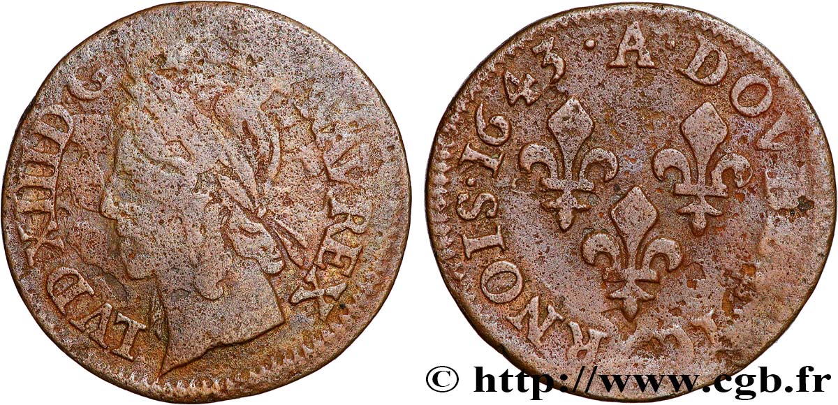 LOUIS XIII LE JUSTE Double tournois, type de Warin 1643 Corbeil TB/TB+