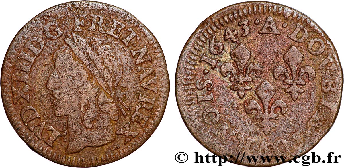 LOUIS XIII LE JUSTE Double tournois, type de Warin 1643 Corbeil TB/TB+
