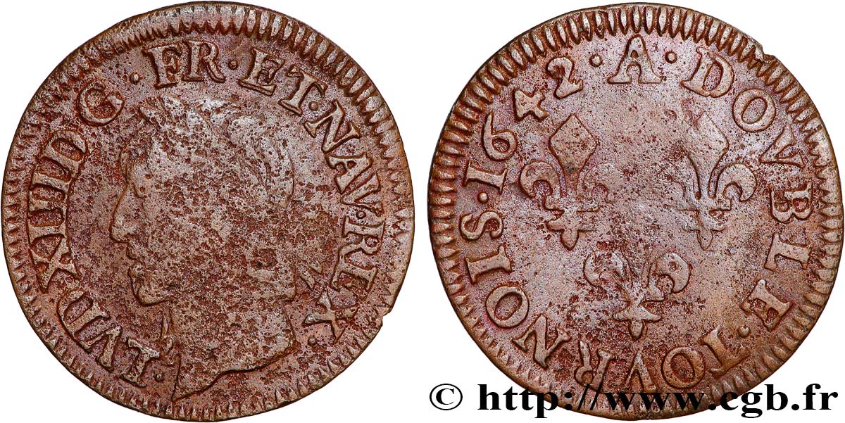 LOUIS XIII  Double tournois, type de Warin 1642 Corbeil BC+