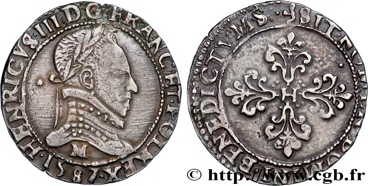 HENRY III Demi-franc au col plat 1587 Toulouse fVZ