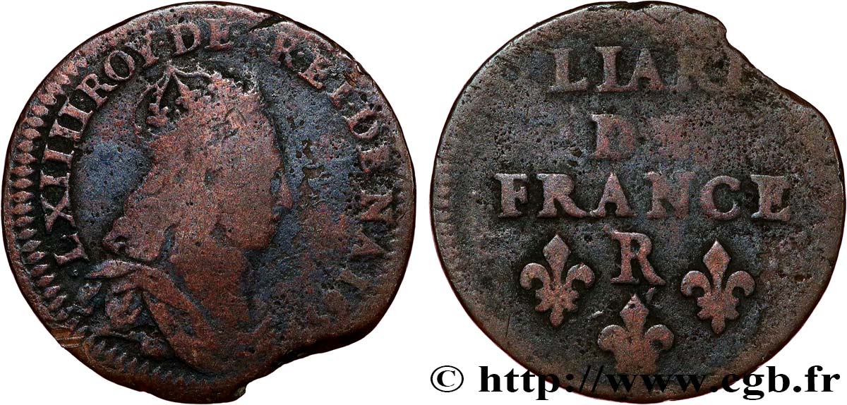 LOUIS XIV LE GRAND OU LE ROI SOLEIL Liard de cuivre, 2e type 1655 Nîmes TB