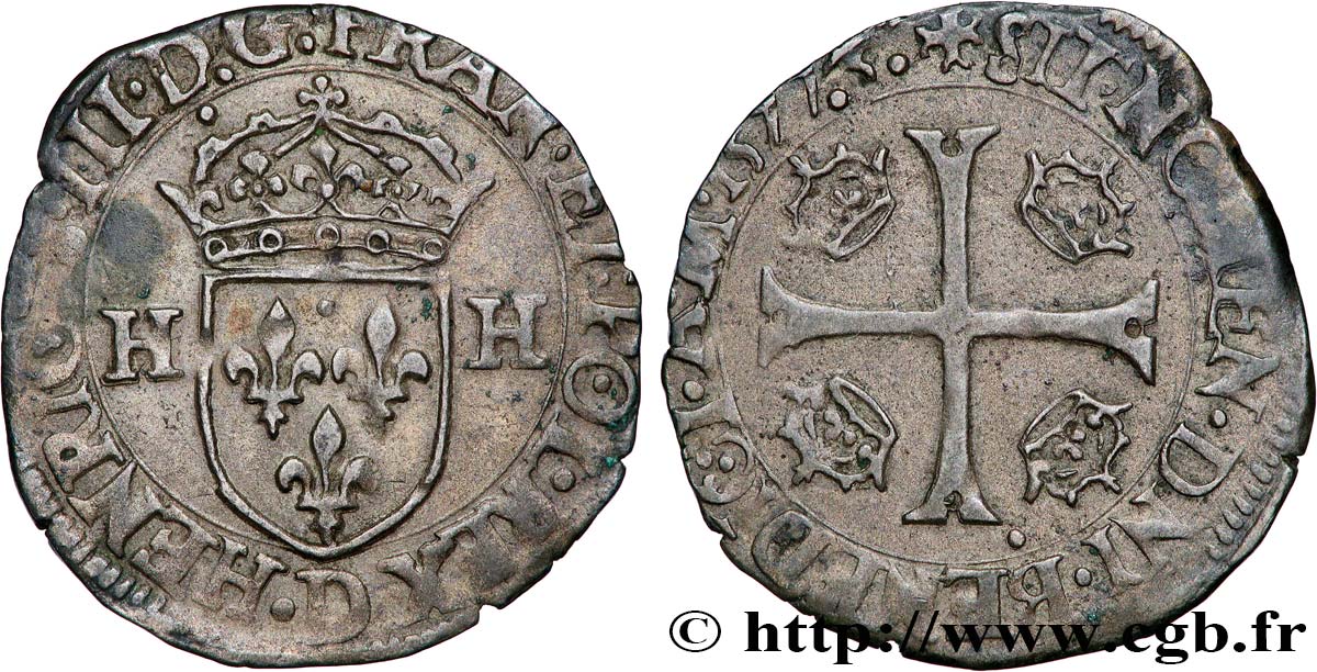 HENRY III Douzain aux deux H, 1er type 1577 Lyon XF