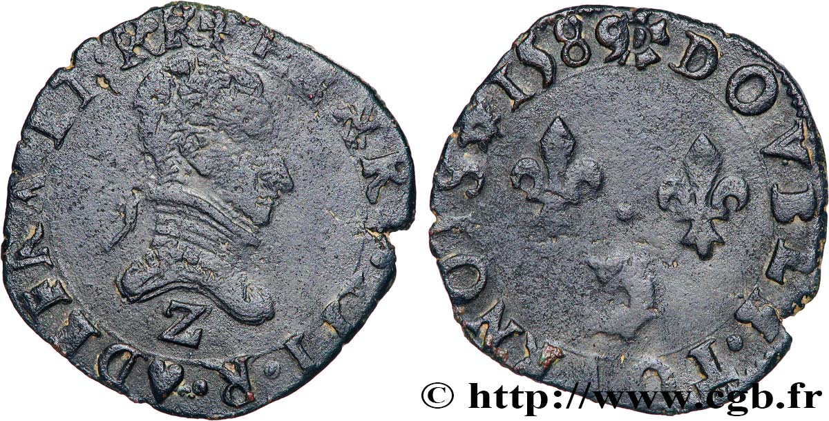 HENRY III Double tournois, 2e type du Dauphiné 1589 Grenoble XF