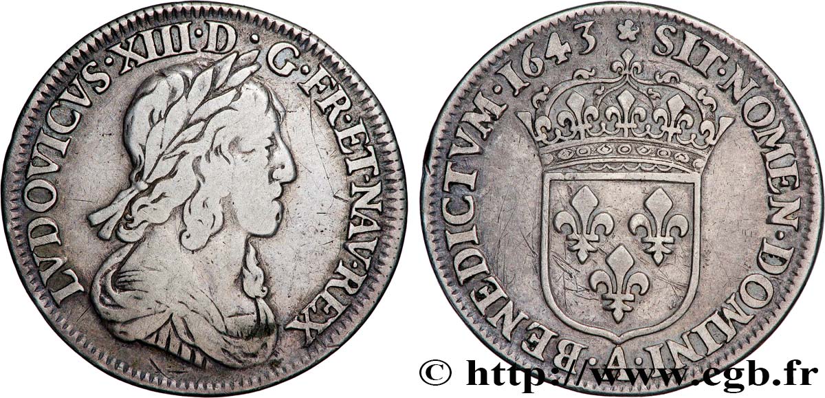 LOUIS XIII  Quart d écu, buste drapé et cuirassé (2e buste de Jean Warin) 1643 Paris, Monnaie de Matignon S/SS