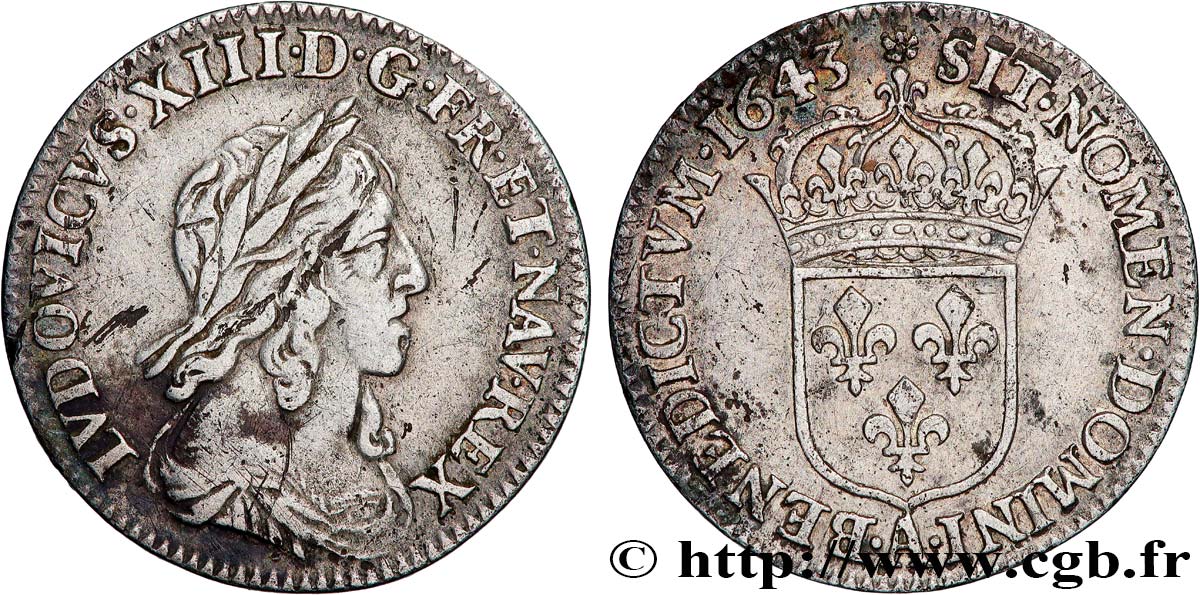 LOUIS XIII LE JUSTE Douzième d écu, buste drapé et cuirassé (2e buste de Jean Warin) 1643 Paris, Monnaie de Matignon TTB