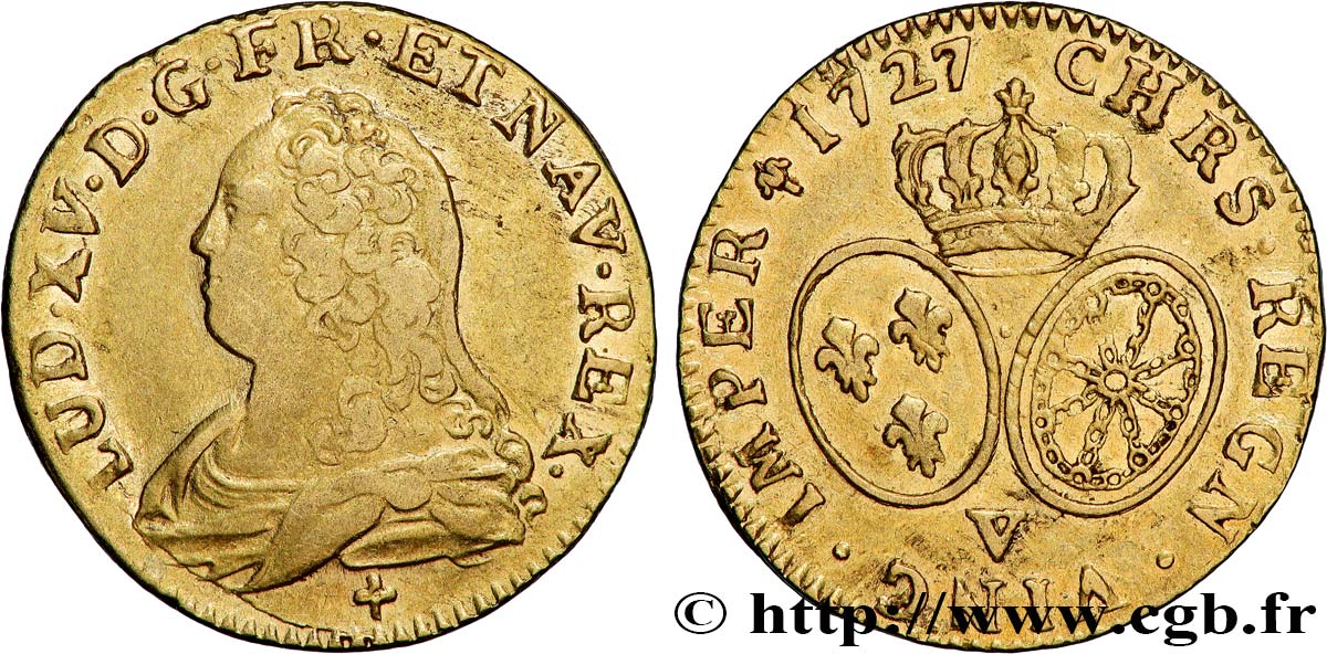 LOUIS XV  THE WELL-BELOVED  Louis d or aux écus ovales, buste habillé 1727 Troyes VF/AU