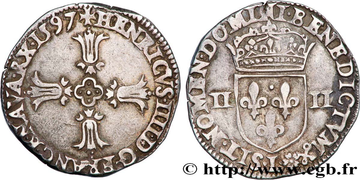 HENRI IV LE GRAND Quart d écu, croix feuillue de face 1597 Bayonne TTB+