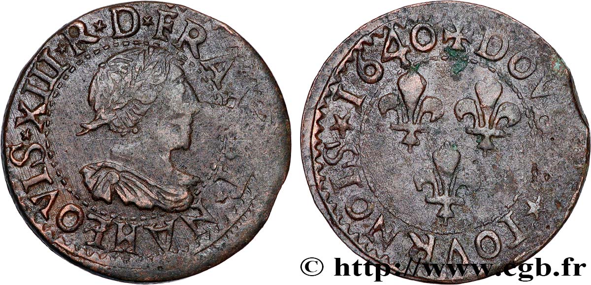 LOUIS XIII  Double tournois, 15e type de La Rochelle 1640 La Rochelle fSS