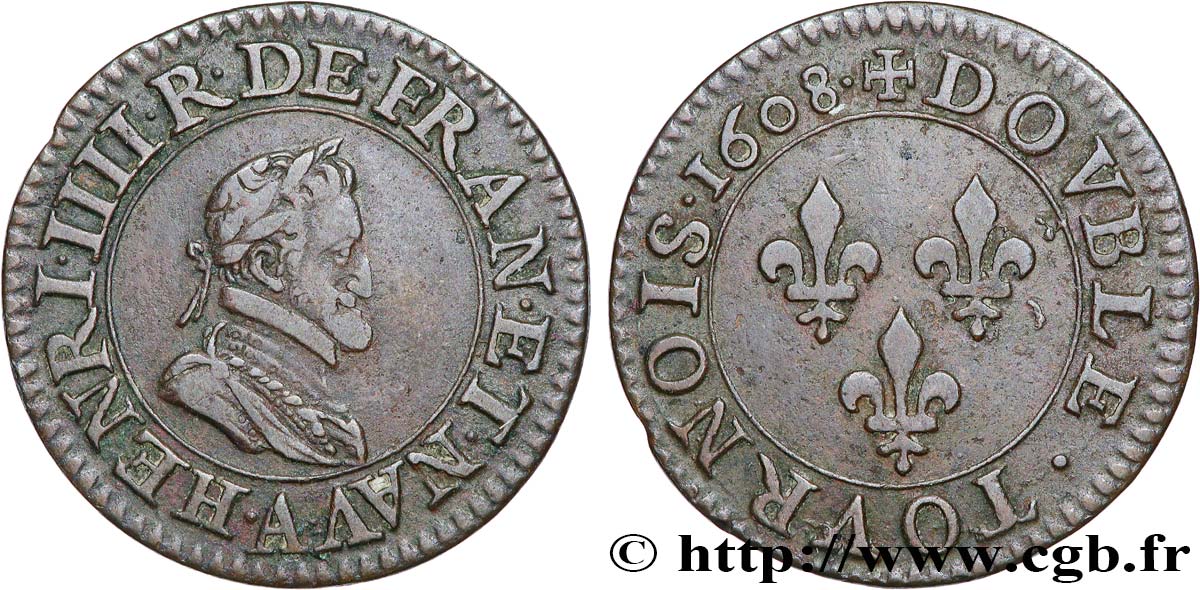 HENRY IV Double tournois, 1er type de Paris (légende française) 1608 Paris XF