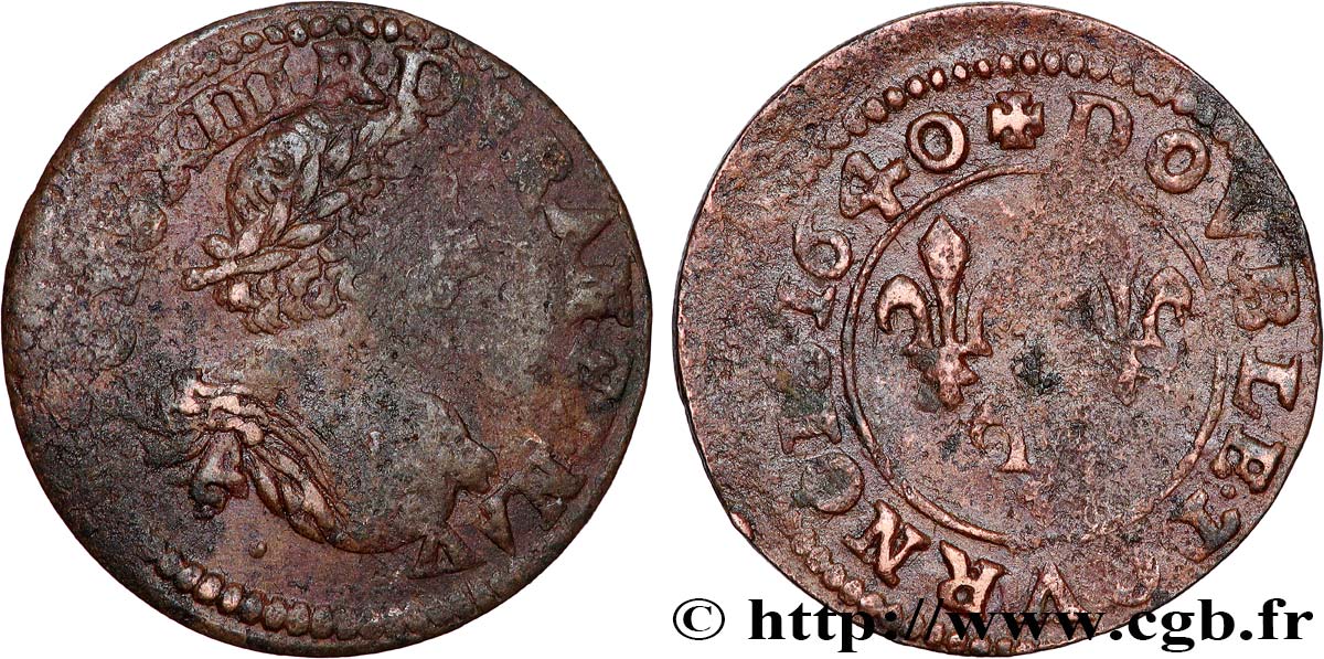 LOUIS XIII  Double tournois au grand buste viril drapé 1640 Ateliers de l’axe Loire-Rhône MB