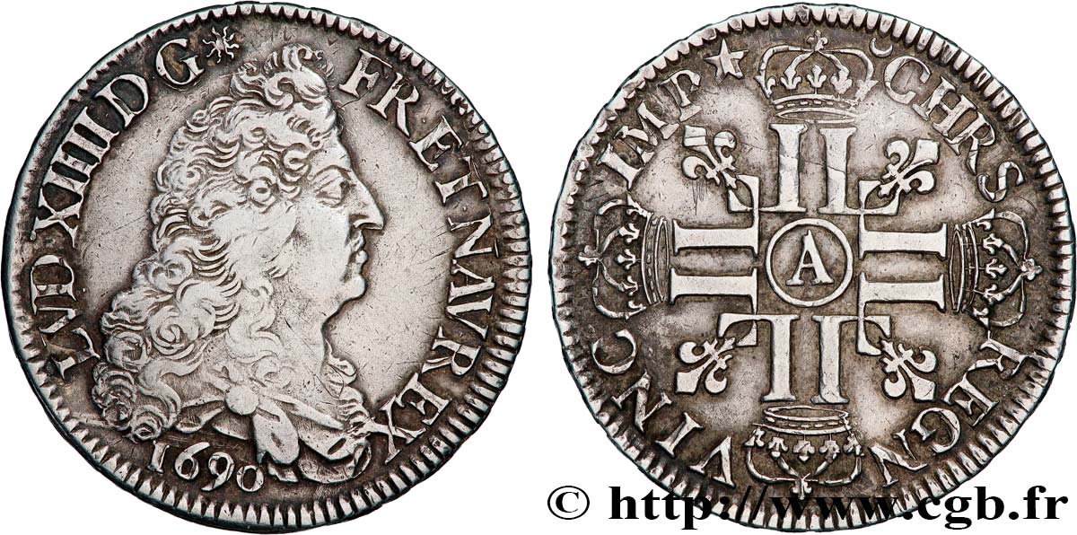 LOUIS XIV  THE SUN KING  Écu aux huit L, 1er type 1690 Paris XF/AU