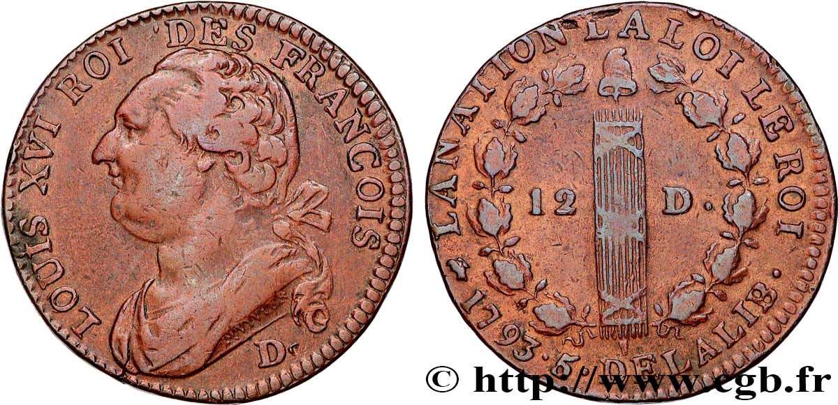 LOUIS XVI 12 deniers dit  au faisceau , type FRANCOIS 1793 Lyon AU