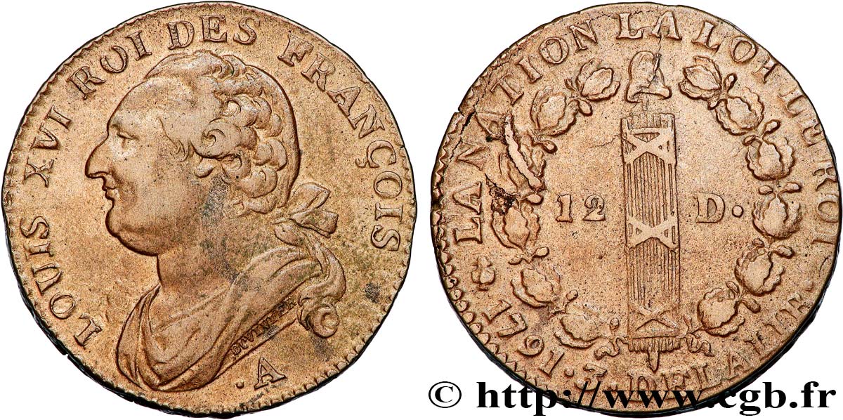 LOUIS XVI (MONARQUE CONSTITUTIONNEL)  12 deniers dit  au faisceau , type FRANÇOIS 1791 Paris TTB/TTB+