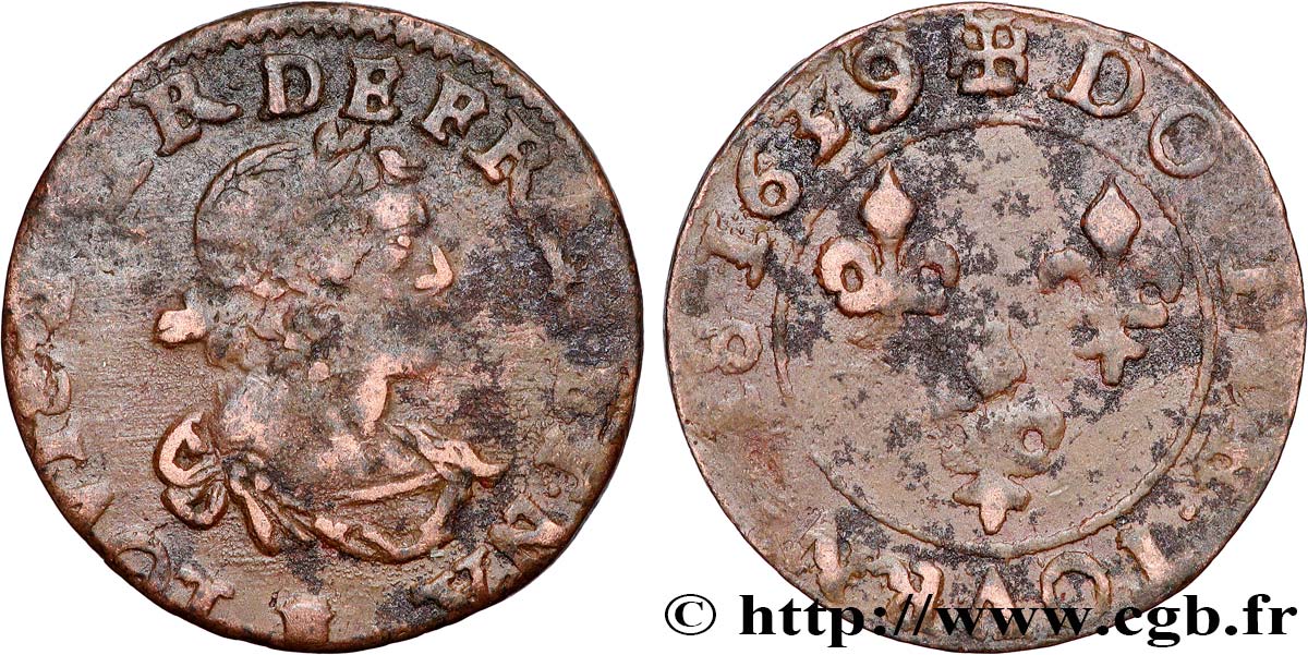 LOUIS XIII  Double tournois, 11e type de Rouen 1639 Rouen BC