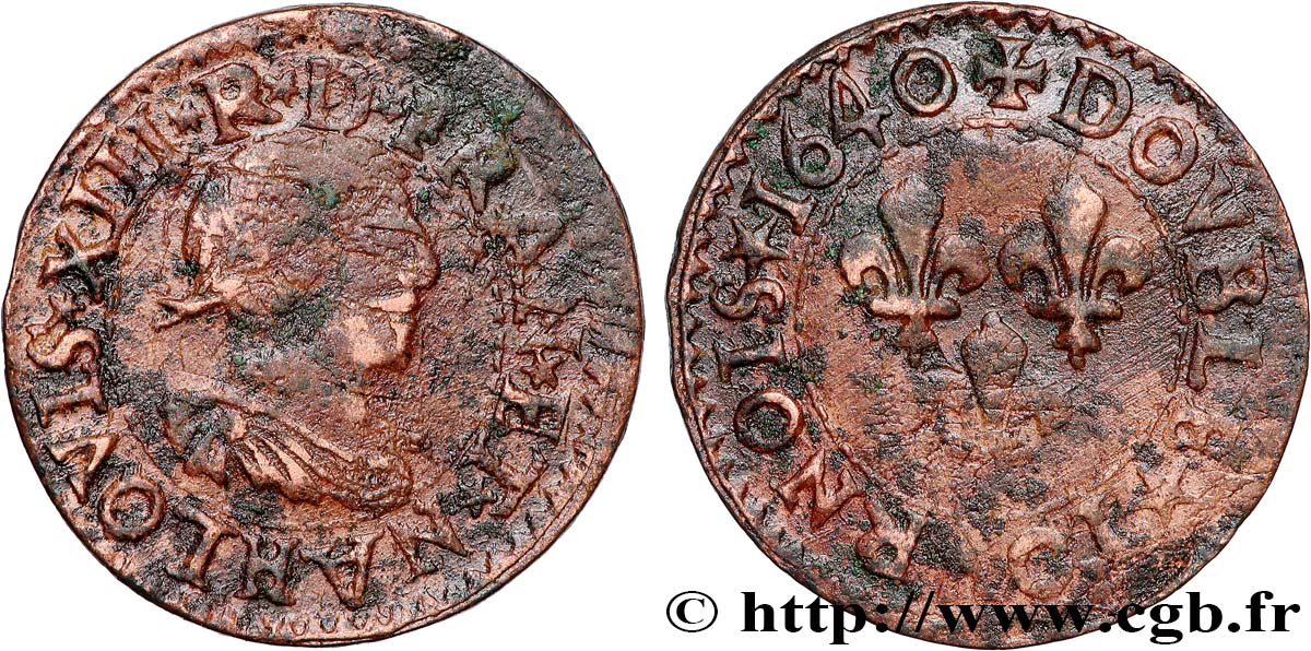 LOUIS XIII LE JUSTE Double tournois, 15e type de La Rochelle 1640 La Rochelle TTB