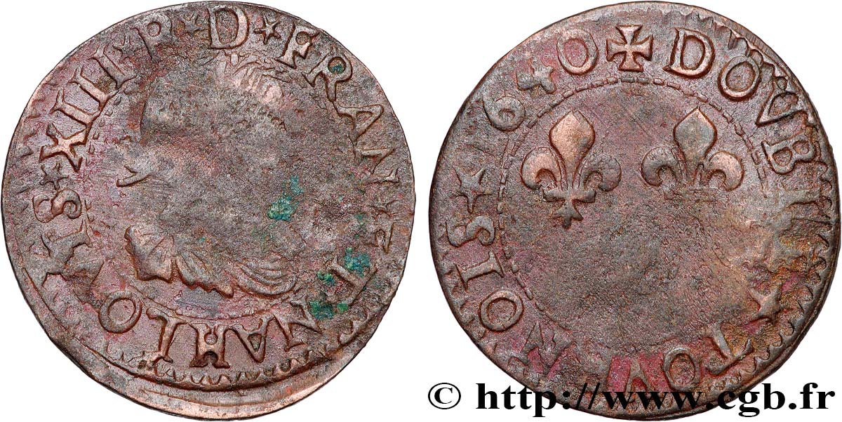 LOUIS XIII  Double tournois, 15e type de La Rochelle 1640 La Rochelle fSS