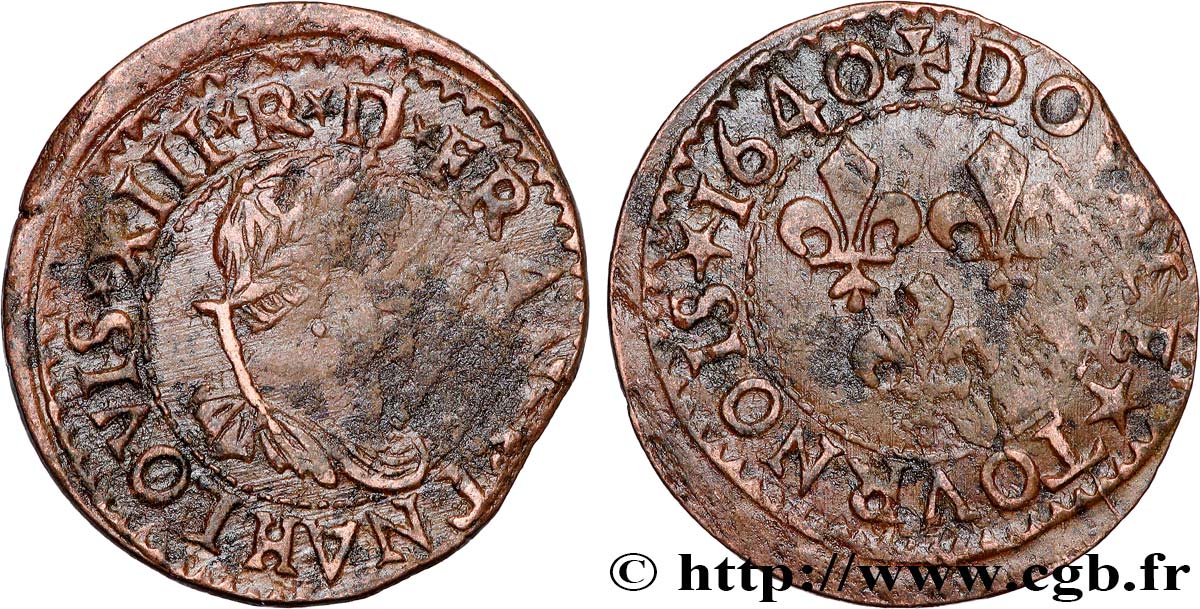 LOUIS XIII  Double tournois, 15e type de La Rochelle 1640 La Rochelle q.BB