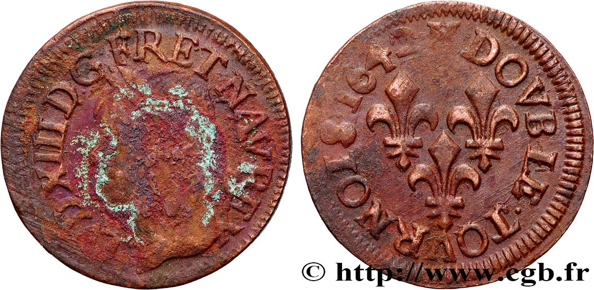 LOUIS XIII LE JUSTE Double tournois, type de Warin 1642 La Rochelle TB