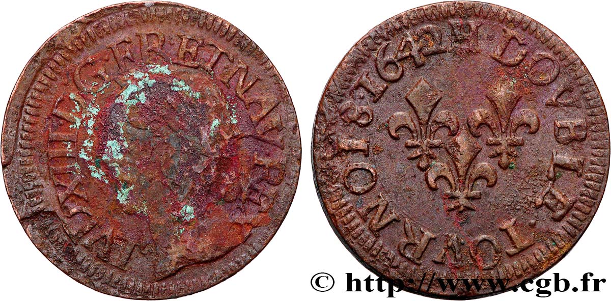 LOUIS XIII LE JUSTE Double tournois, type de Warin 1642 La Rochelle TB