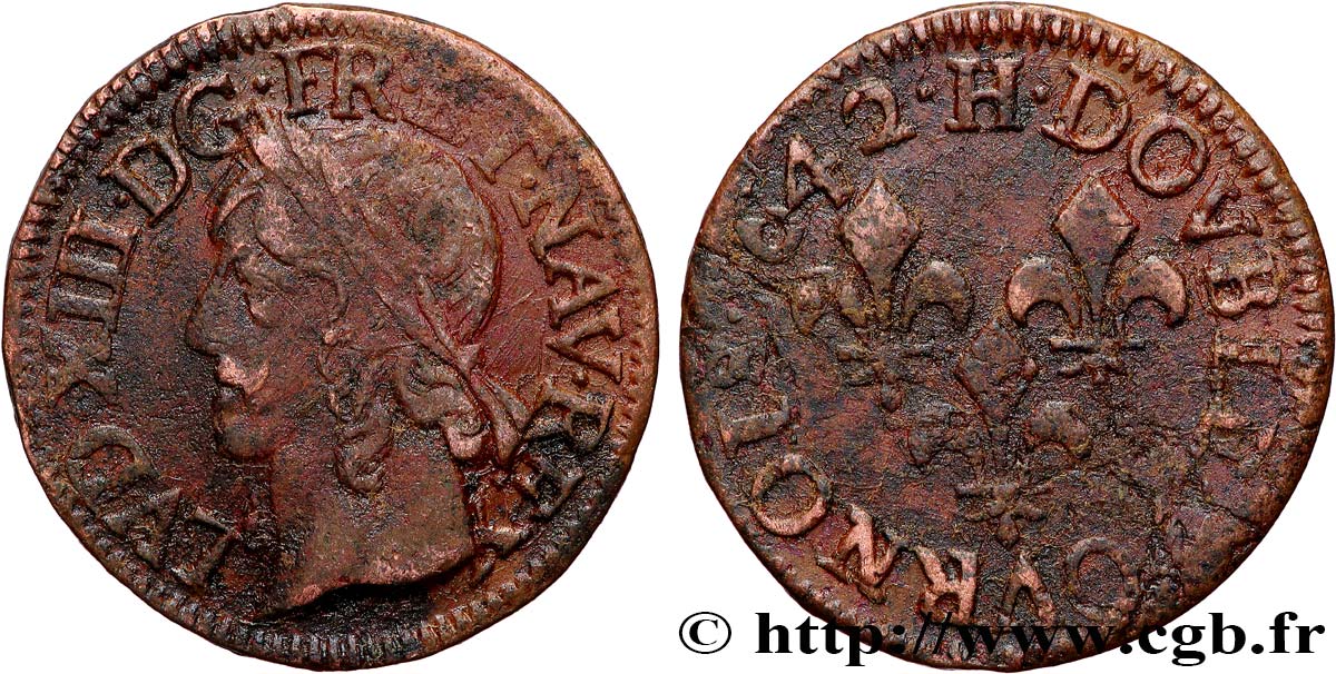 LOUIS XIII LE JUSTE Double tournois, type de Warin 1642 La Rochelle TB+