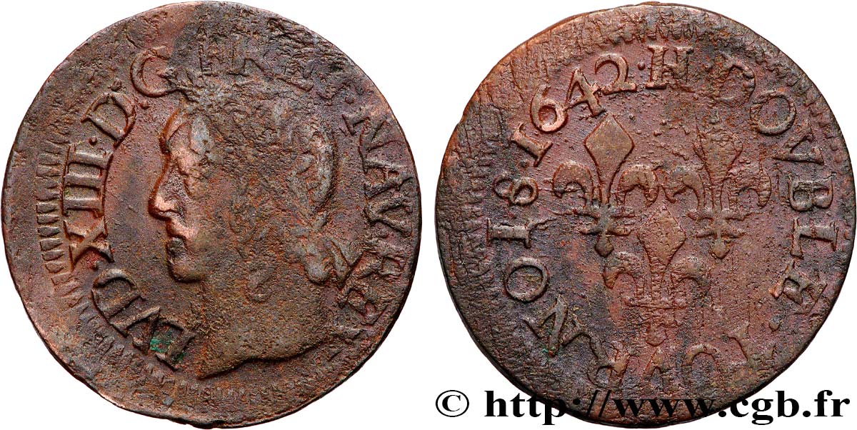 LOUIS XIII  Double tournois, type de Warin 1642 La Rochelle fSS