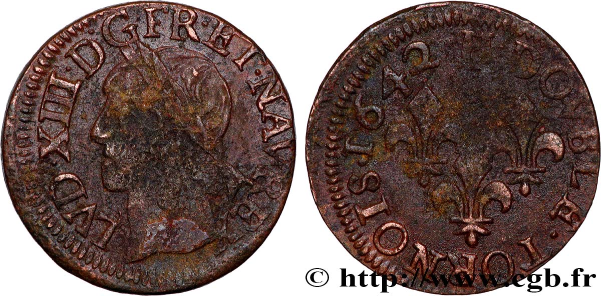 LOUIS XIII LE JUSTE Double tournois, type de Warin 1642 La Rochelle TB+