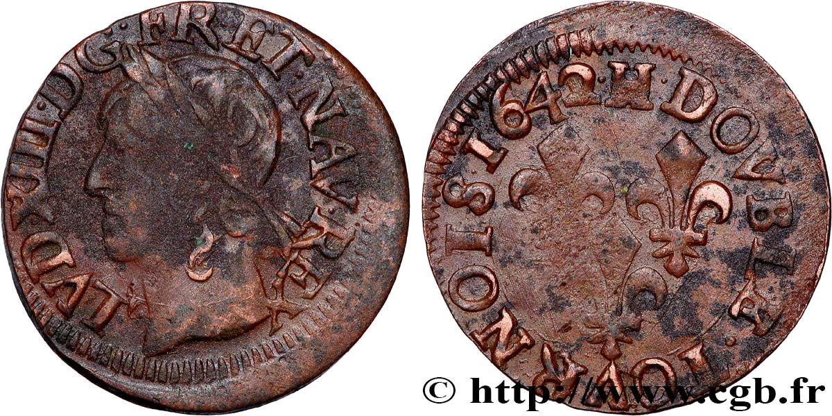 LOUIS XIII LE JUSTE Double tournois, type de Warin 1642 La Rochelle TB+