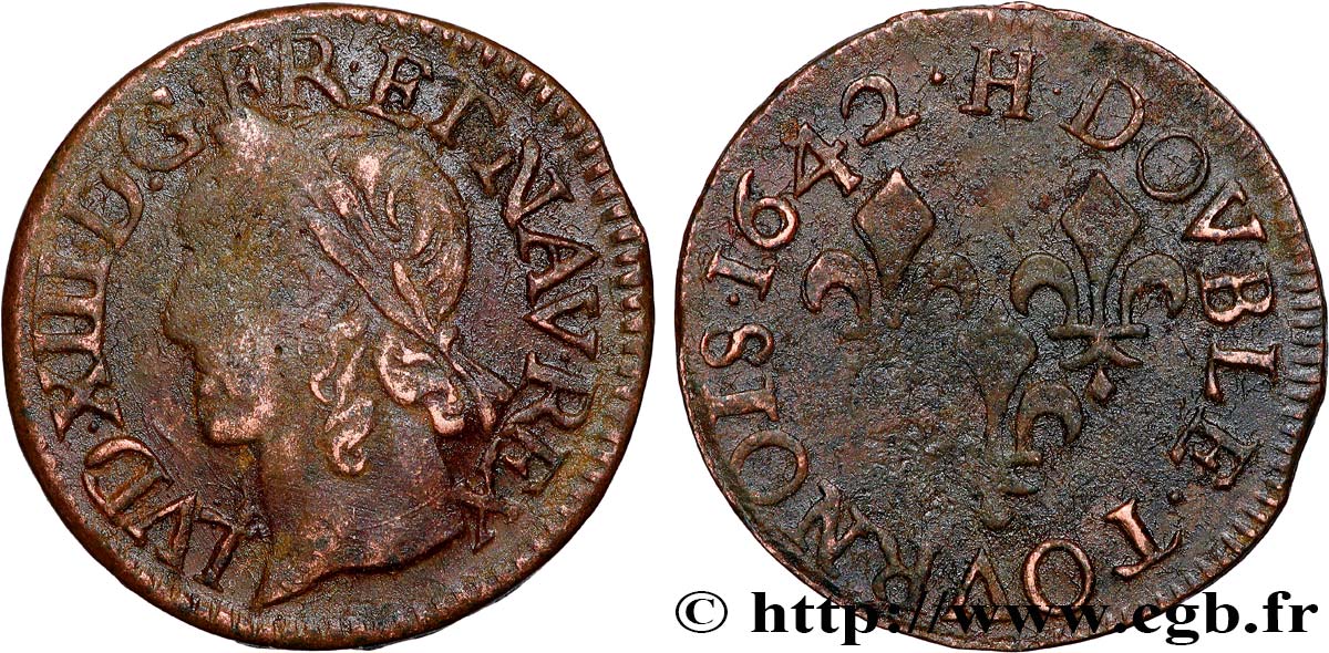 LOUIS XIII LE JUSTE Double tournois, type de Warin 1642 La Rochelle TB+