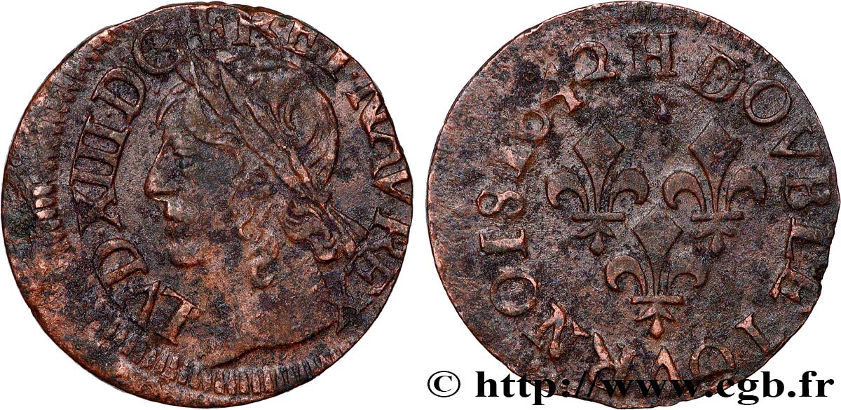 LOUIS XIII LE JUSTE Double tournois, type de Warin 1642 La Rochelle TTB