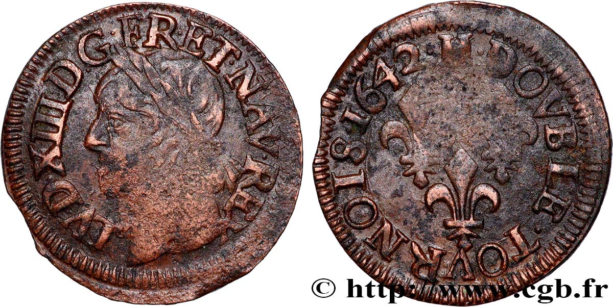 LOUIS XIII LE JUSTE Double tournois, type de Warin 1642 La Rochelle TB+