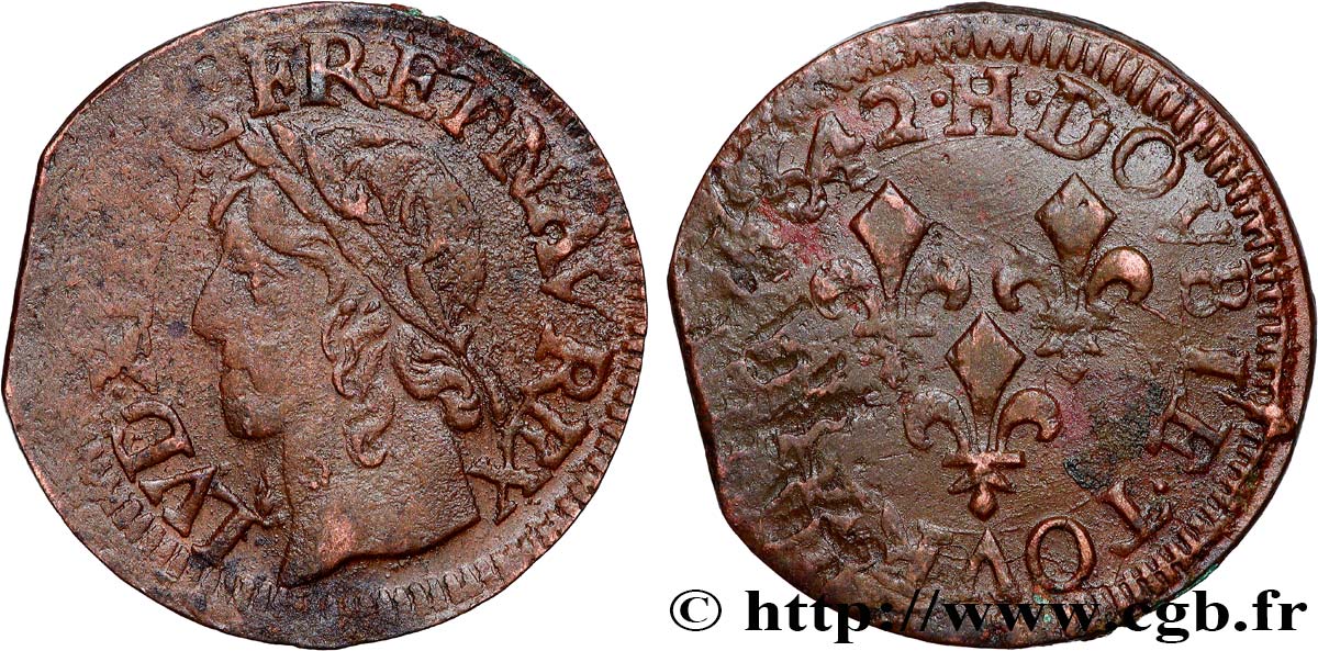 LOUIS XIII LE JUSTE Double tournois, type de Warin 1642 La Rochelle TB+