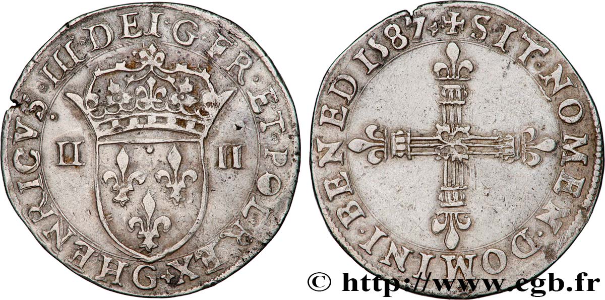 HENRY III Quart d écu, écu de face 1587 Poitiers MBC+