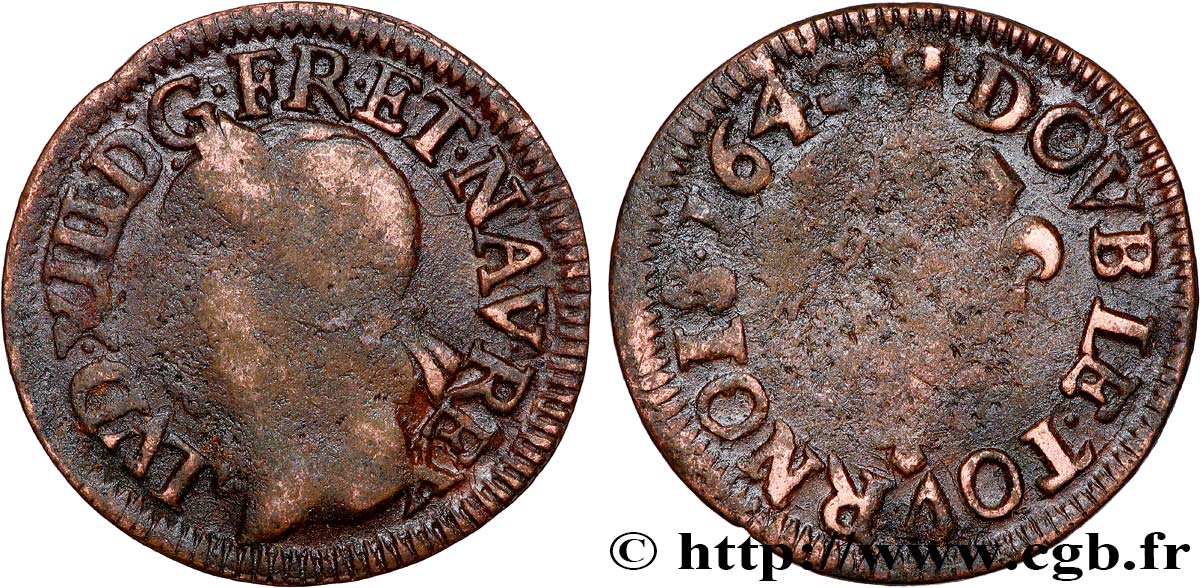 LOUIS XIII LE JUSTE Double tournois, type de Warin 1642 La Rochelle TB/TB+