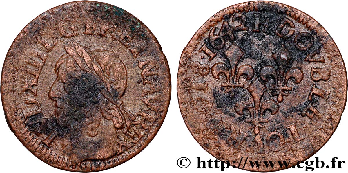 LOUIS XIII LE JUSTE Double tournois, type de Warin 1642 La Rochelle TB+