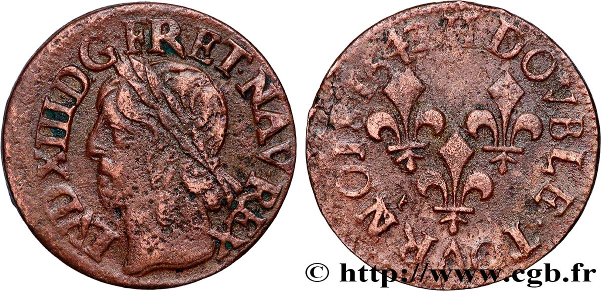 LOUIS XIII LE JUSTE Double tournois, type de Warin 1642 La Rochelle TB+