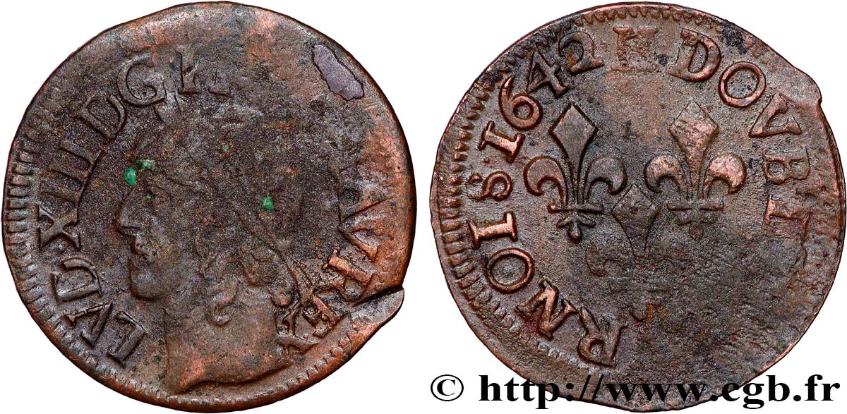 LOUIS XIII LE JUSTE Double tournois, type de Warin 1642 La Rochelle TB