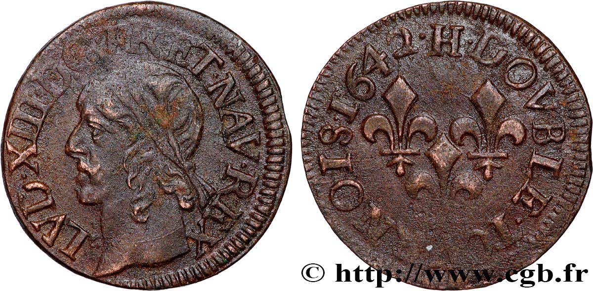 LOUIS XIII LE JUSTE Double tournois, type de Warin 1642 La Rochelle TTB