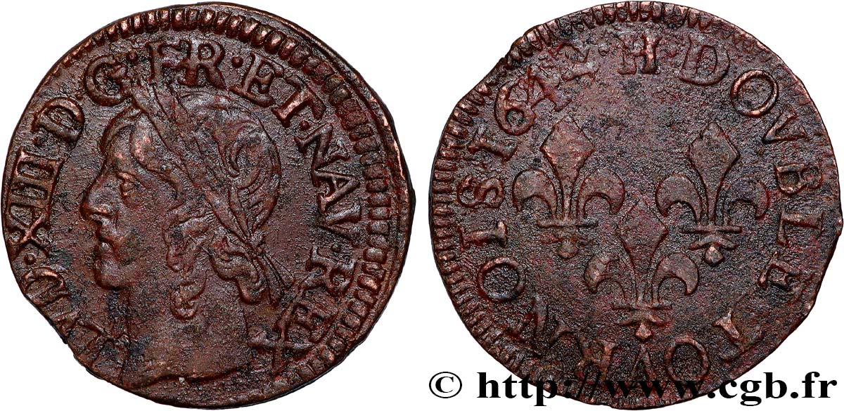 LOUIS XIII LE JUSTE Double tournois, type de Warin 1642 La Rochelle TTB