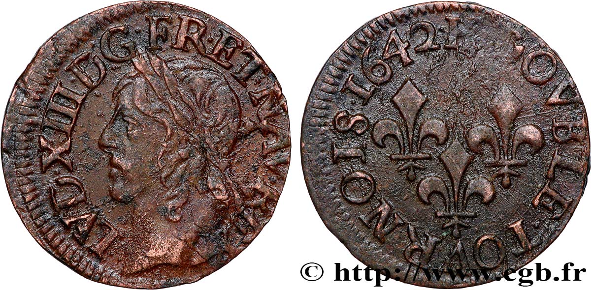 LOUIS XIII LE JUSTE Double tournois, type de Warin 1642 La Rochelle TTB