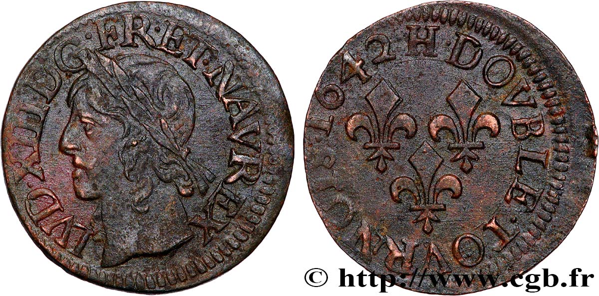 LOUIS XIII  Double tournois, type de Warin 1642 La Rochelle q.SPL
