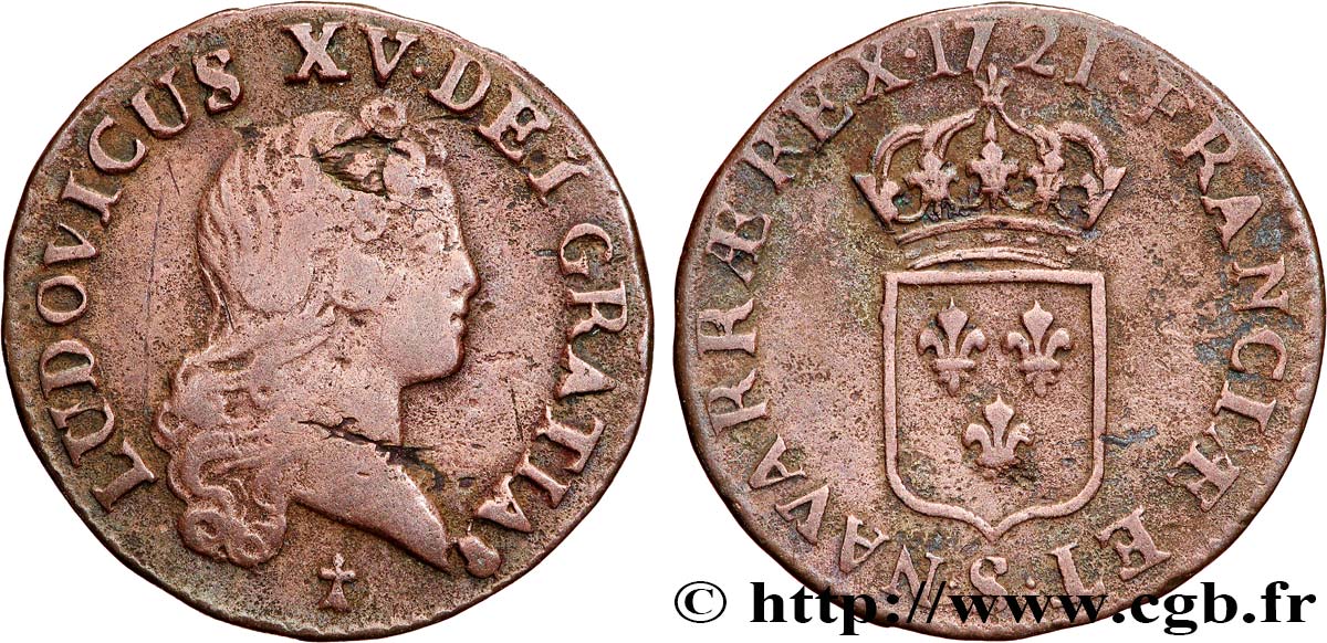 LOUIS XV DIT LE BIEN AIMÉ Liard au buste enfantin 1721 Reims TB+