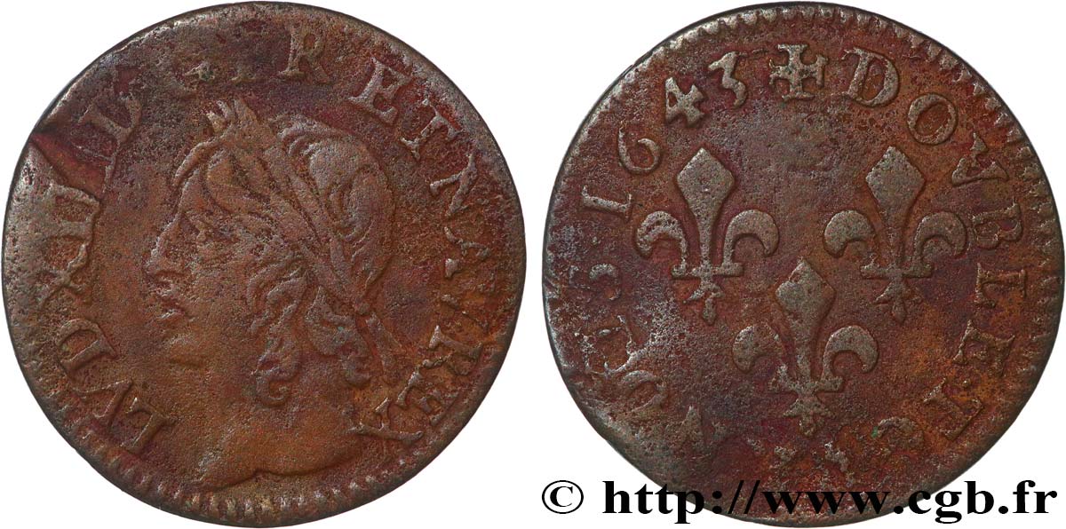 LOUIS XIII  Double tournois, type de Warin 1643  VF/VF