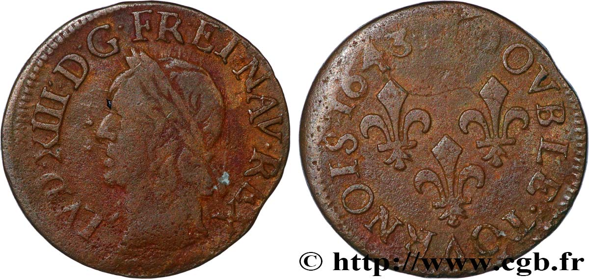 LOUIS XIII Double tournois, type de Warin 1643  VF/VF