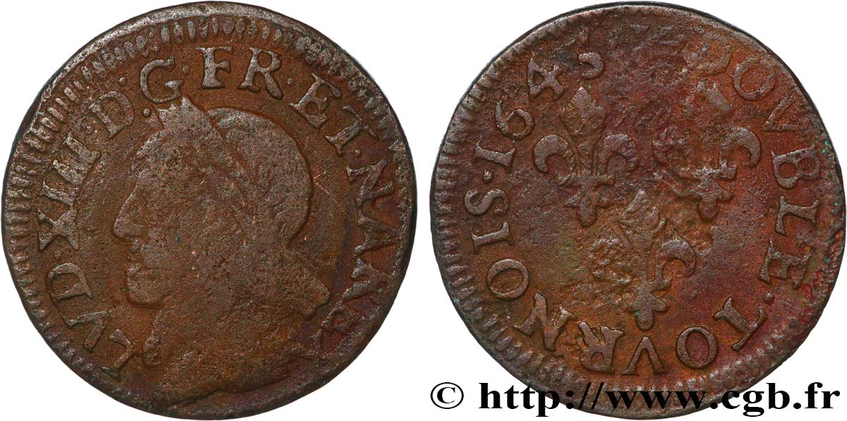LOUIS XIII LE JUSTE Double tournois, type de Warin 1643  B+/TB