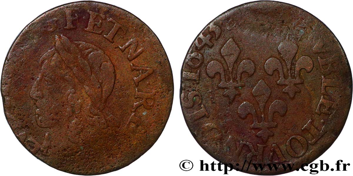 LOUIS XIII  Double tournois, type de Warin 1643 Tours q.MB/MB