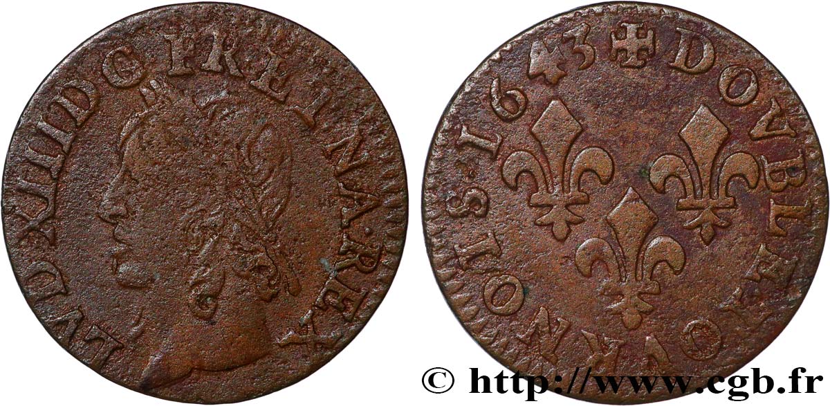 LOUIS XIII LE JUSTE Double tournois, type de Warin 1643  TTB+/TTB